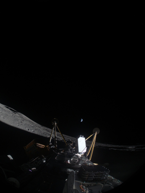 Athena landed on its side with MSOLO glowing. &nbsp;[Image courtesy of Intuitive Machines]
